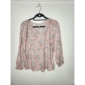 Nine West Shirt Womens Large Pink Paisley Boho Ruffle Sleeve Peasant Blouse